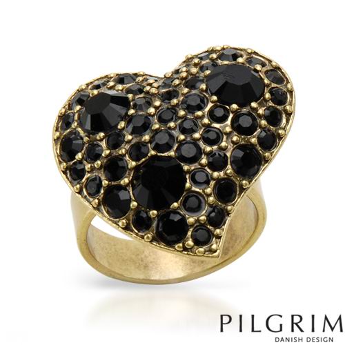 PILGRIM-24mm BLACK CRYSTAL HEART COCKTAIL RING
